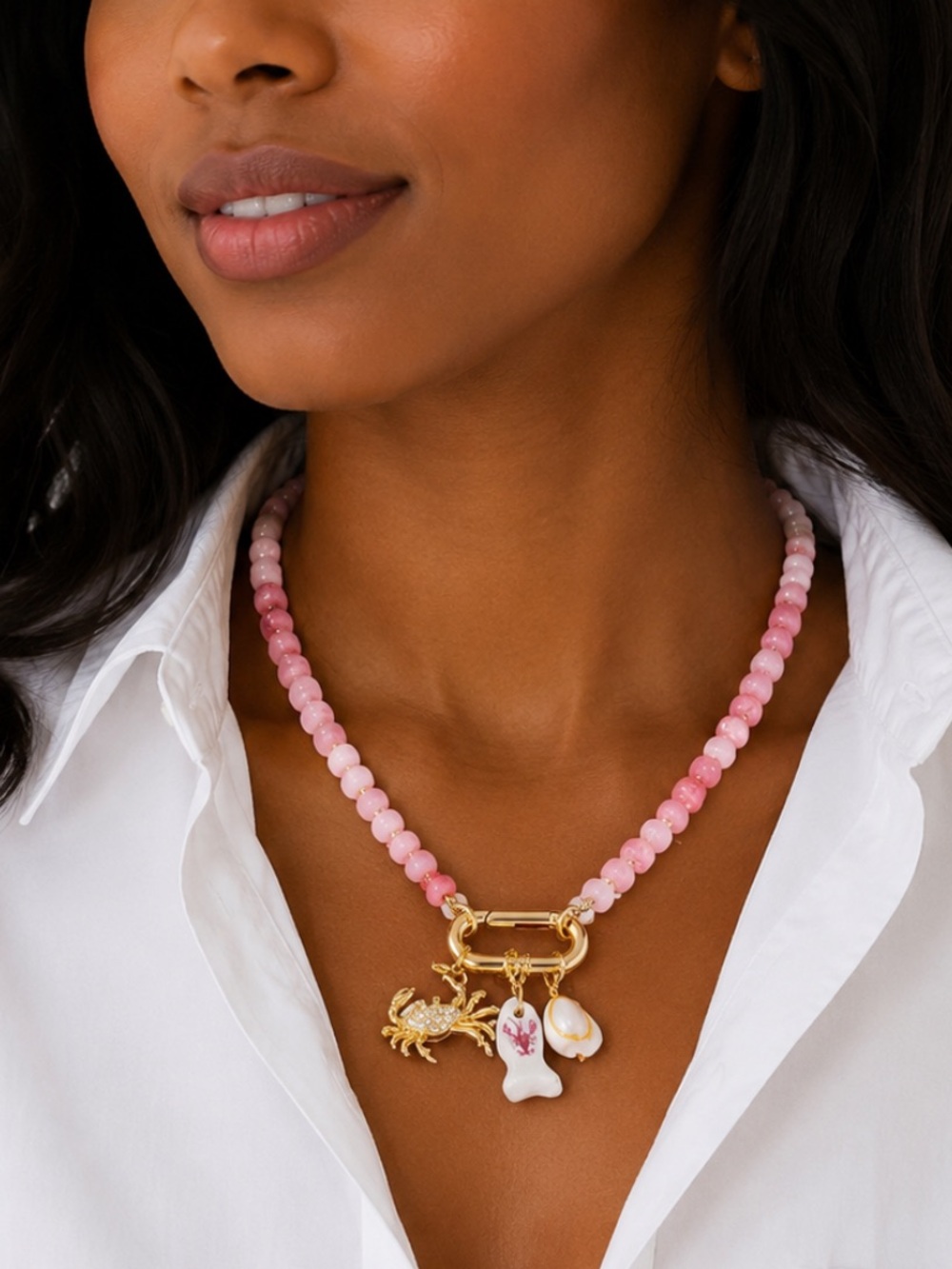 New! Coastal Colorful Pink Beaded Carabiner Fish Dopamine Necklace NWOT 5056